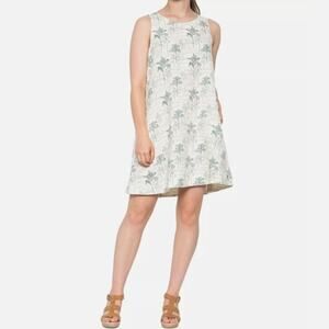 C&C California Sleeveless Trapeze Linen Dress Bali Palm Cream Green Large